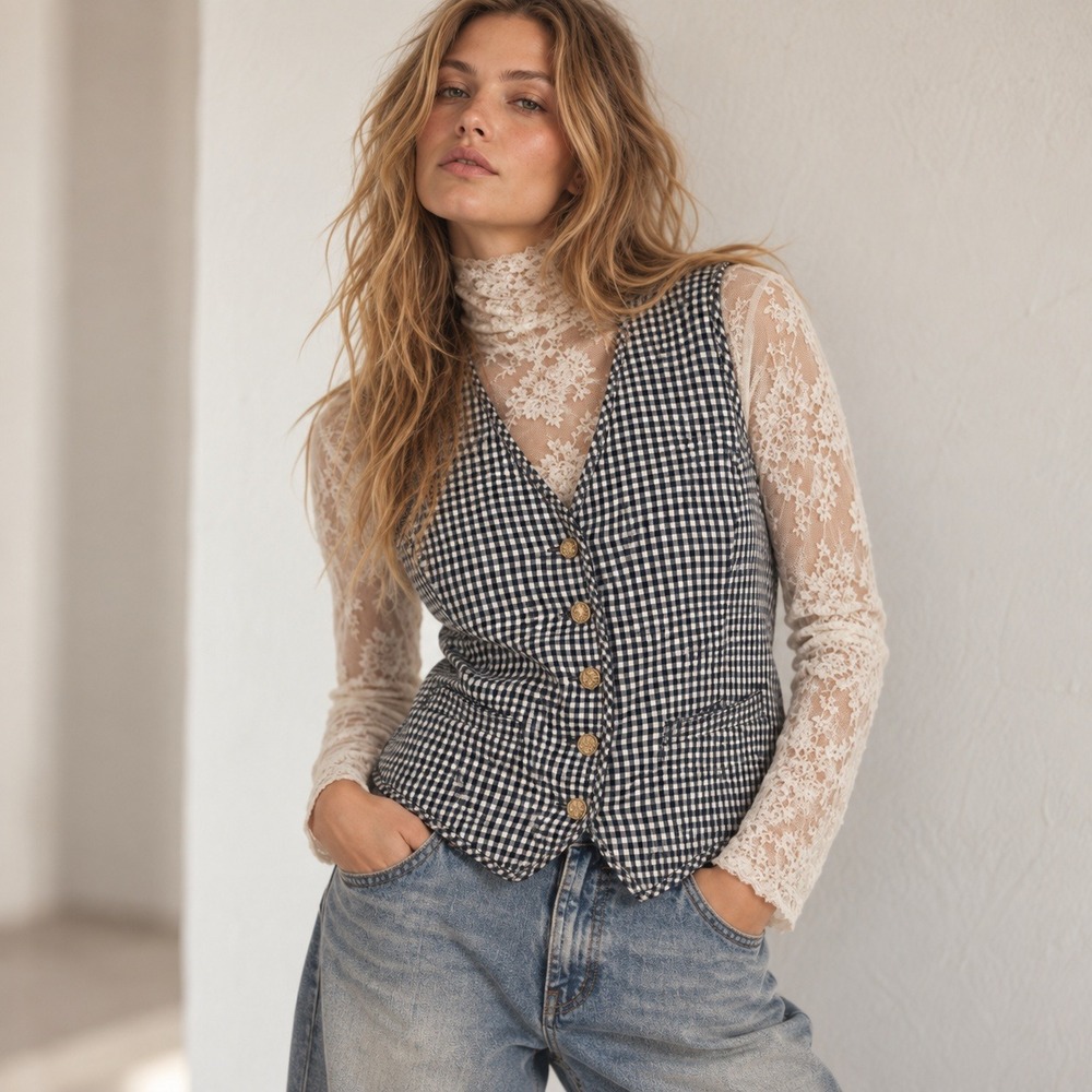 Vintage Gingham Vest M Preppy Gold Crest Buttons Equestrian Academia Waistcoat